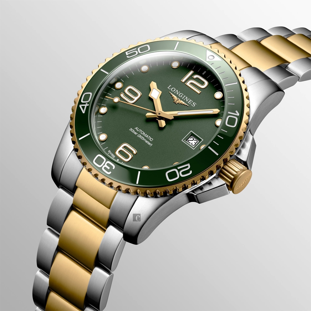 LONGINES 浪琴官方授權深海征服者浪鬼陶瓷潛水機械錶-綠x金/41mm L3