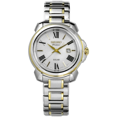 SEIKO 精工 Premier 藍寶石水晶 太陽能 日期 不鏽鋼 手錶-銀色/31mm