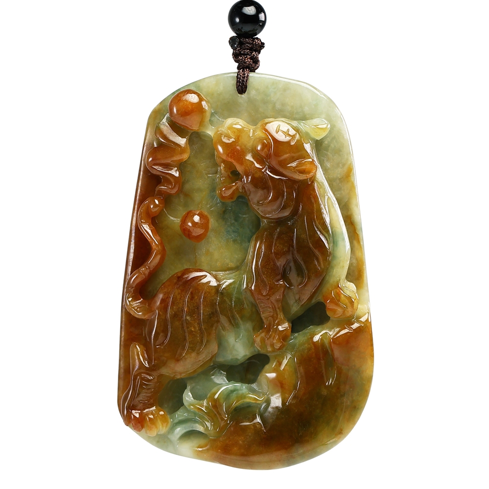 漢石齋】天然翡翠A貨虎虎生威玉佩吊墜飄花種帶紅黃翡(41*63*11mm) | 漢