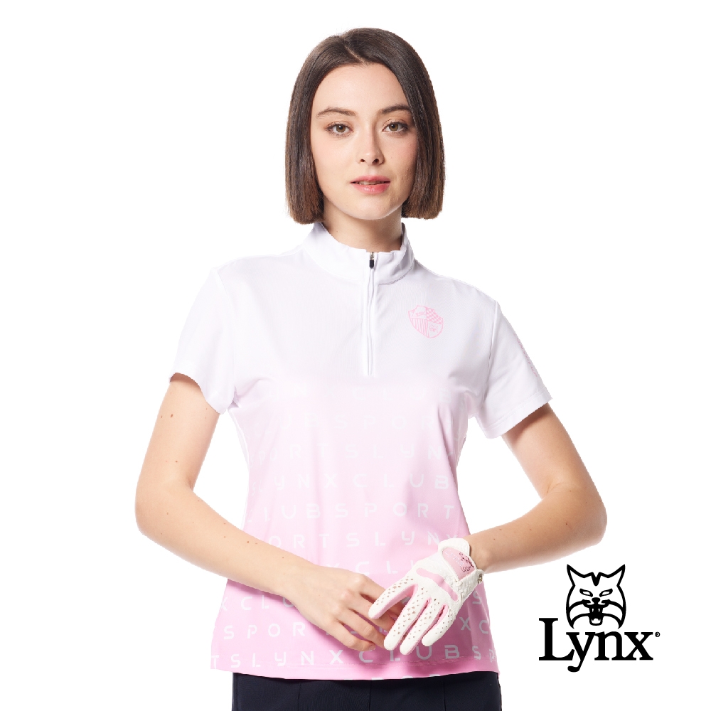 【Lynx Golf】女款吸溼排汗機能漸層色系盾牌造型印花下擺開叉短袖立領POLO衫/高爾夫球衫-白/粉色 (白粉色)