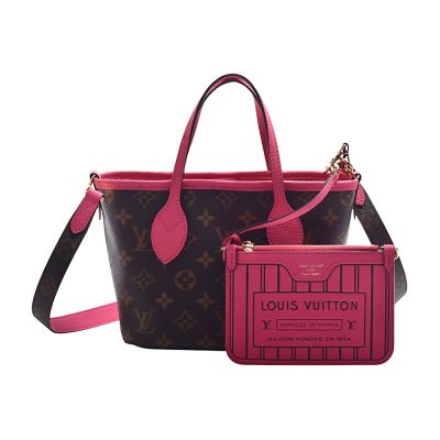 LV M28348經典Neverfull Bandouliere Inside Out BB塗層帆布牛皮雙面手提/肩背包(桃粉色/棕色)