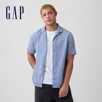 【GAP】皺感棉質標準版型度假襯衫-幻影藍/花霧粉(898187)
