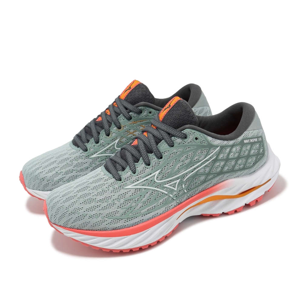 Mizuno 慢跑鞋Wave Inspire 20 女鞋綠紅支撐波浪片緩衝運動鞋美津濃