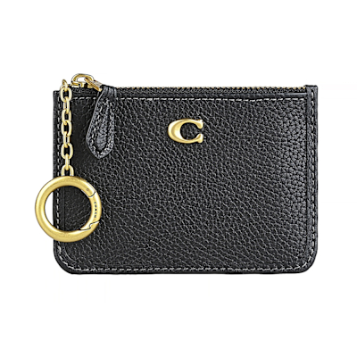 COACH仿古金屬C字LOGO拋光卵石紋設計牛皮拉鍊卡夾包(迷你/黑/附鑰匙圈)