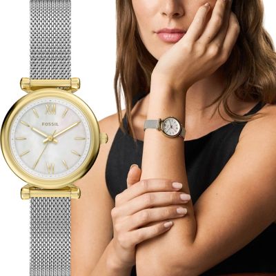 FOSSIL Carlie Mini 簡約大三針珍珠貝米蘭帶女錶 開學購物季 送禮首選-28mm ES5463