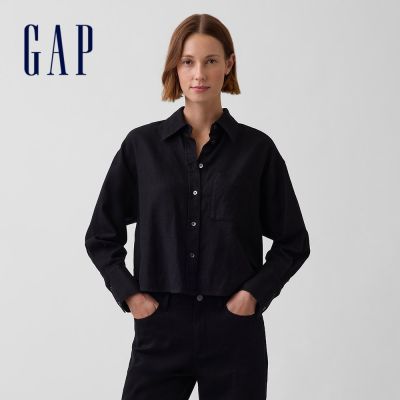 【GAP】亞麻棉混紡寬版襯衫-黑色/水手布藍/亞麻米色/新款米白(880834)