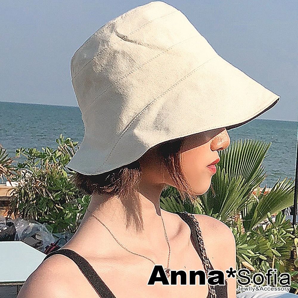 【AnnaSofia】遮陽帽防曬帽淑女帽網美帽漁夫帽盆帽鐘型帽-層拼片雙面戴 現貨(米+黑系-限時特價)