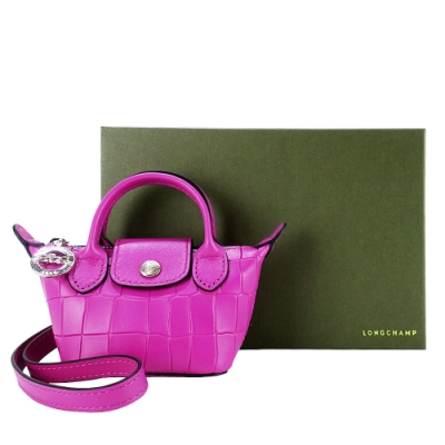 LONGCHAMP Le Pliage Cuir 系列鱷魚紋牛皮手掛式水餃零錢包(桃粉)