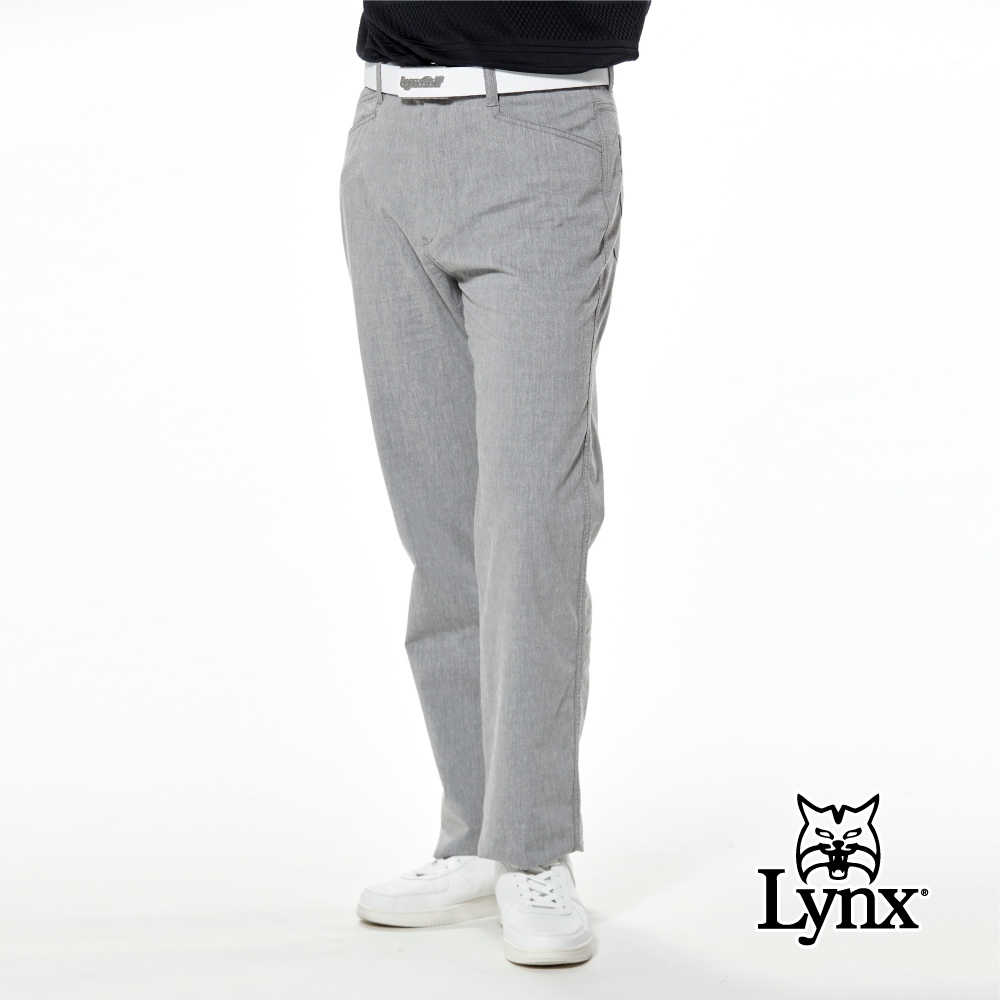 【Lynx Golf】男款彈性舒適百搭水洗牛仔色系混紡材質素面款式平面休閒長褲-灰色