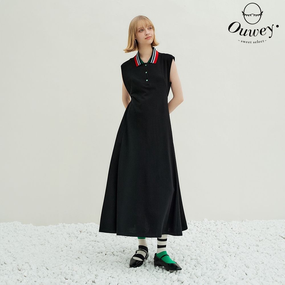 OUWEY歐薇 開半襟羅紋POLO領無袖洋裝(黑色；XS-M)3242397033
