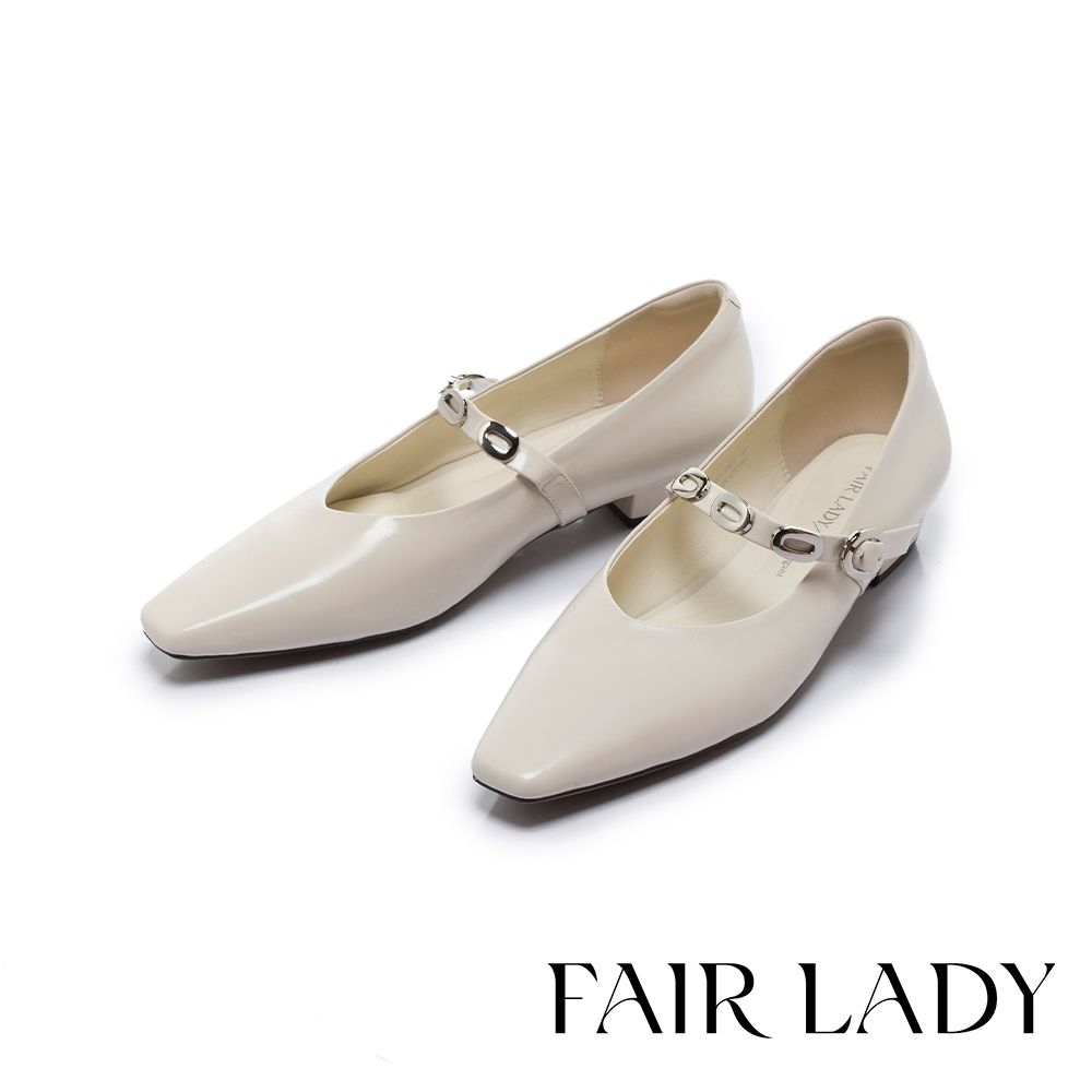FAIR LADY 優雅小姐 摩登經典金屬環扣斜切小方頭低跟鞋 白 (5R3262)