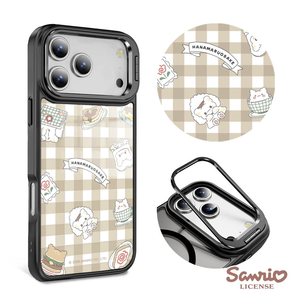 三麗鷗 iPhone 18/17/16/15/14/13系列 防摔合金框隱形立架手機殼-格紋花丸-黑框