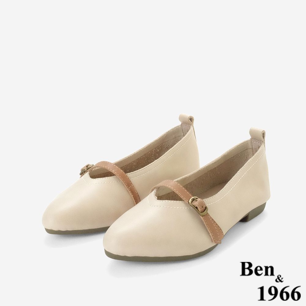 Ben&1966高級頭層打蠟牛皮舒適尖頭休閒包鞋-杏(258202)