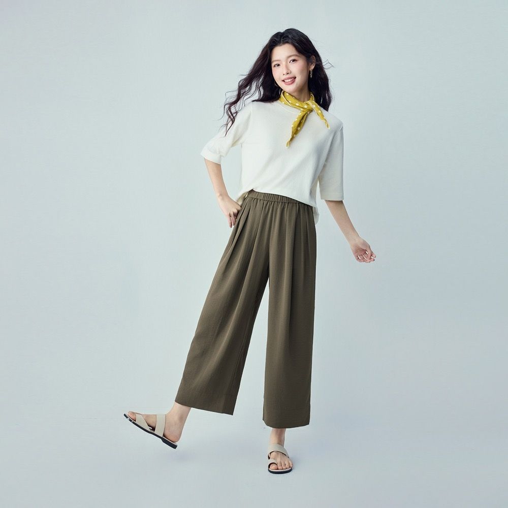 GIORDANO 女裝肌理感鬆緊腰闊腿九分褲 (13 軍綠)