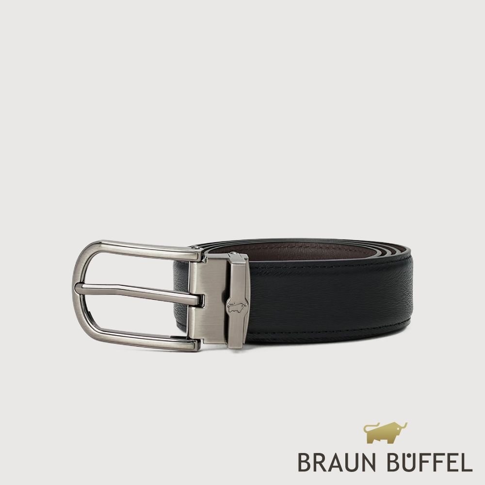 【BRAUN BUFFEL 德國小金牛】台灣總代理 都會時尚 雅致圓弧真皮穿針皮帶-鎗色/BF26B-JF006-SGU