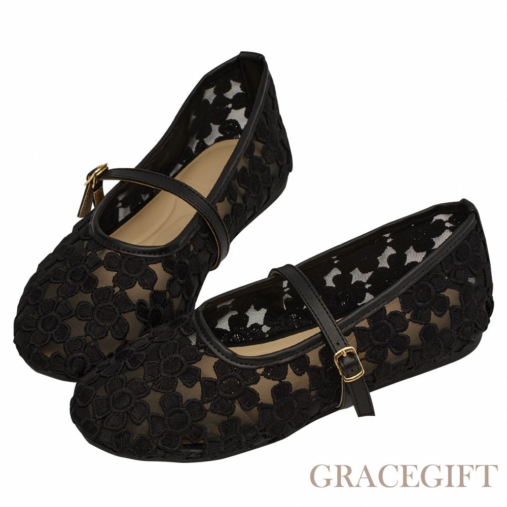 【Grace Gift】法式少女蕾絲花朵透膚平底瑪莉珍鞋 黑