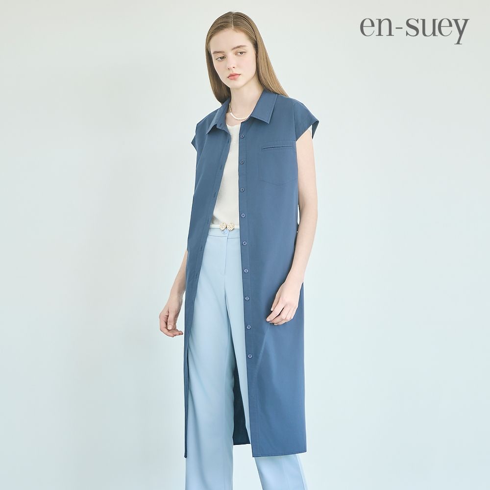 【en-suey 銀穗】網路限定 襯衫式前開襟綁帶洋裝 (藍色)