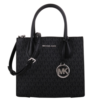 MICHAEL KORS  銀字MK滿版防刮皮革手提/斜背兩用包 (黑) 小