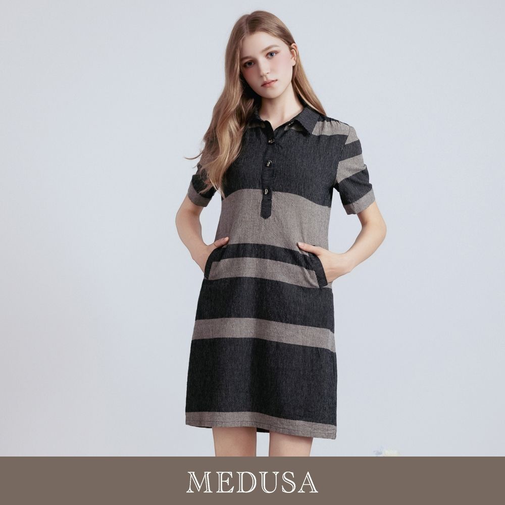 現貨【MEDUSA 曼度莎】亞麻橫紋短袖休閒襯衫洋裝（M-XL）｜休閒洋裝 一件式洋裝 涼感透氣亞麻