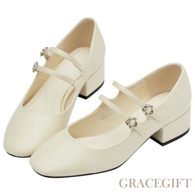 【Grace Gift】瑪黑穿搭小花扣環雙帶中跟瑪莉珍鞋 米白