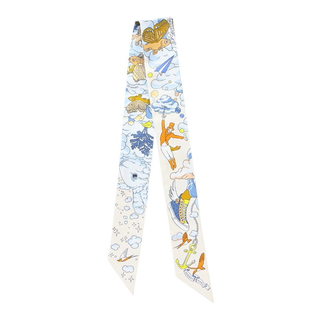 Hermes 愛馬仕Sur Mon Nuage雲端騎士Twilly絲巾(奶油/藍/橙) | 精品