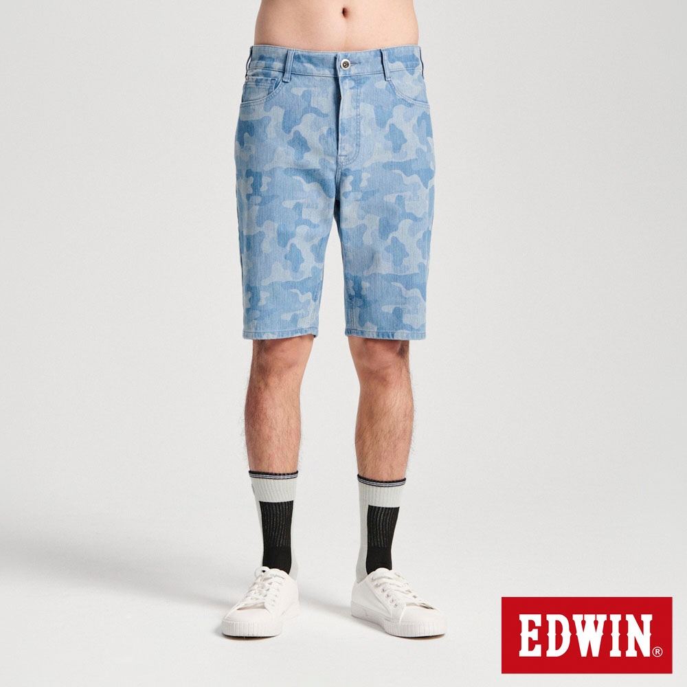 EDWIN 男裝 冰河玉斜紋 迦績JERSEYS 迷彩丹寧短褲-拔淺藍