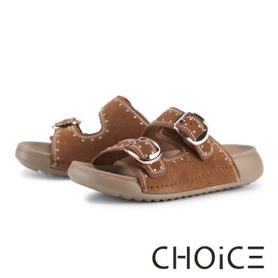 CHOiCE 時尚雙寬帶環釦厚底拖鞋 棕色