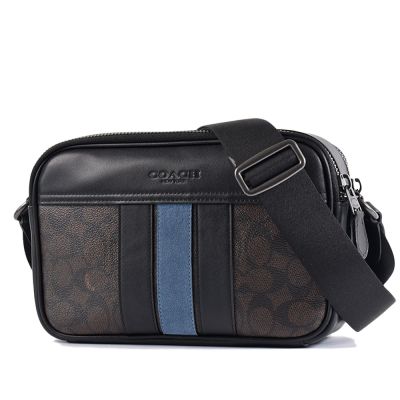 COACH 男款 麂皮條紋緹花LOGO防刮雙層拉鍊斜背相機包-咖啡色