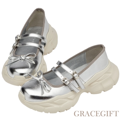 【Grace Gift】搖滾芭蕾蝴蝶結2WAY雙帶瑪莉珍運動鞋 銀