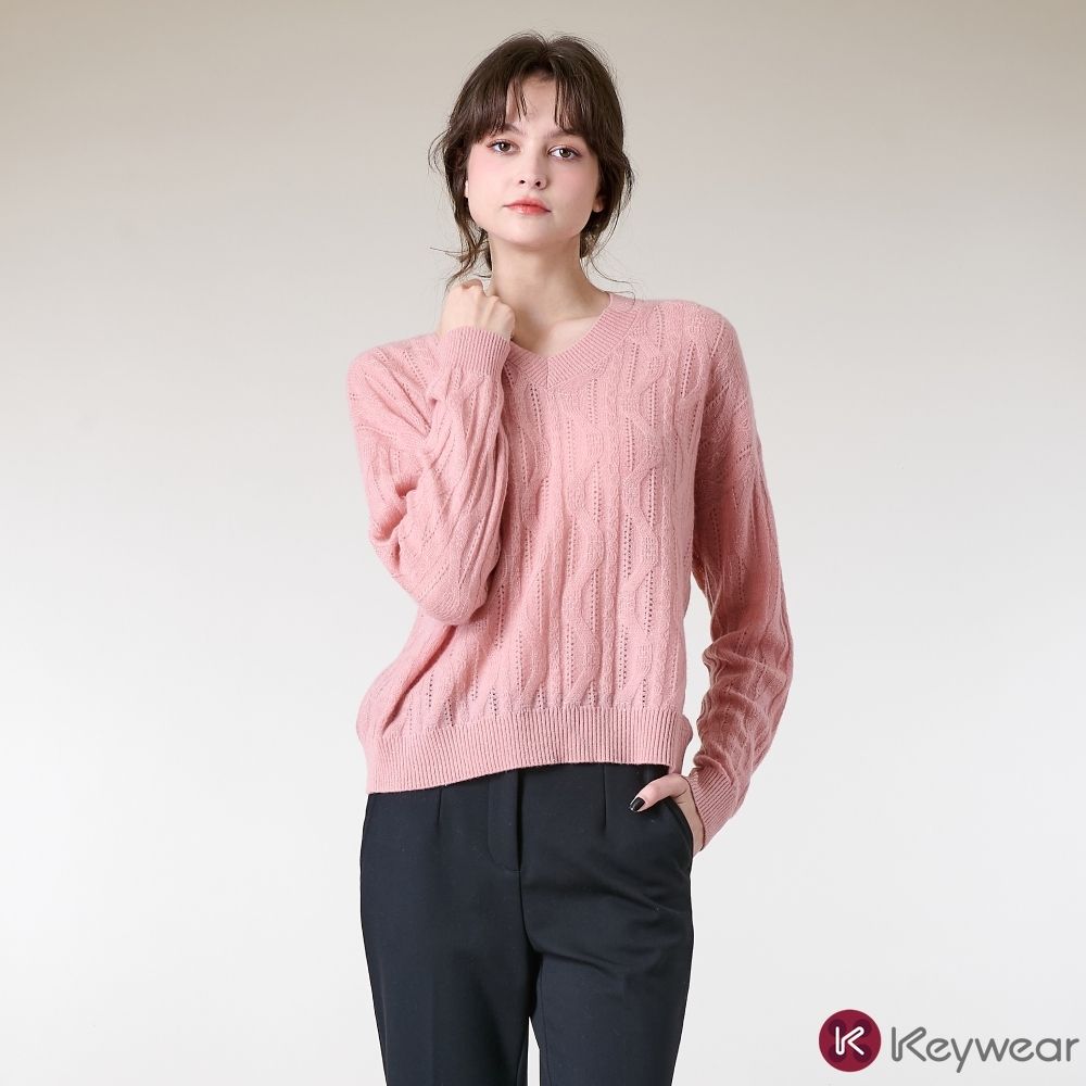 KeyWear奇威名品 微光金蔥羊絨麻花長袖上衣(共3色)-粉紅色