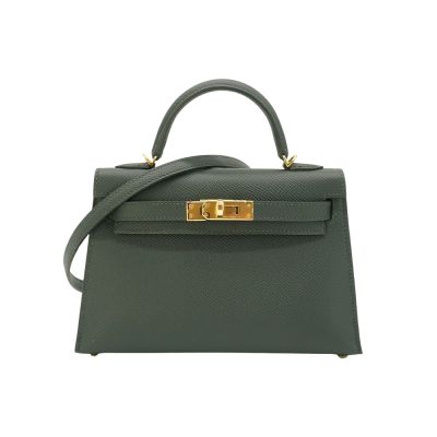 Hermes 愛馬仕 展示品 Mini Kelly 2代 Epsom牛皮手提斜背包(Q0灰綠/K刻金釦)