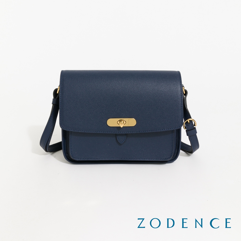 限時買就贈皮革清潔劑｜ZODENCE RENEE進口真皮水滴釦方型斜背包-深藍