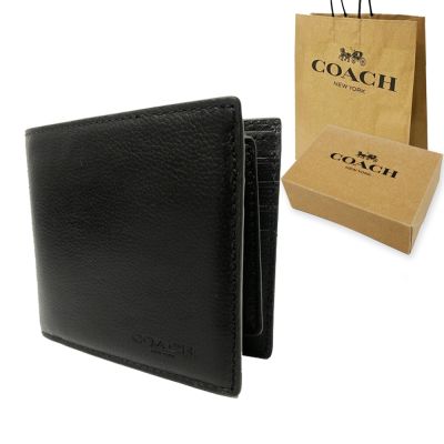 COACH 美國最新款男款8卡對折短夾附活動式證件夾禮盒+紙袋(全皮-黑)