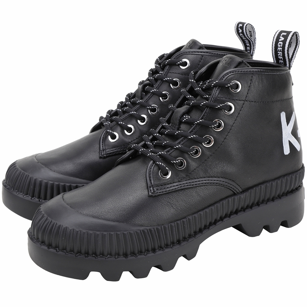 KARL LAGERFELD TREKKA 字母塗鴉牛皮繫帶短靴(黑色)