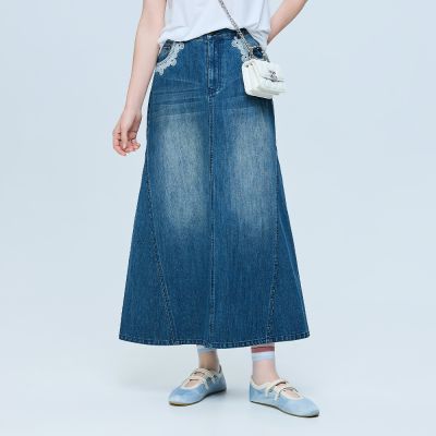 ILEY伊蕾 蕾絲滾邊口袋魚尾長裙(藍；M-XL)