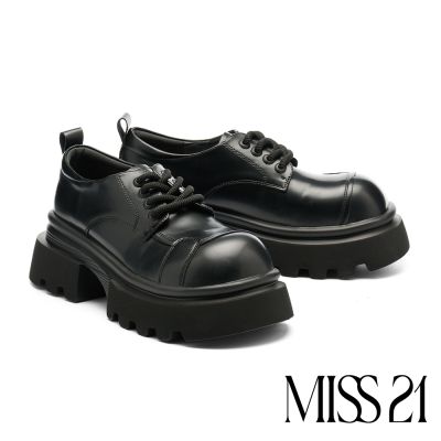 厚底鞋 MISS 21 個性復古純色拼接亮感綁帶大頭厚底鞋-黑