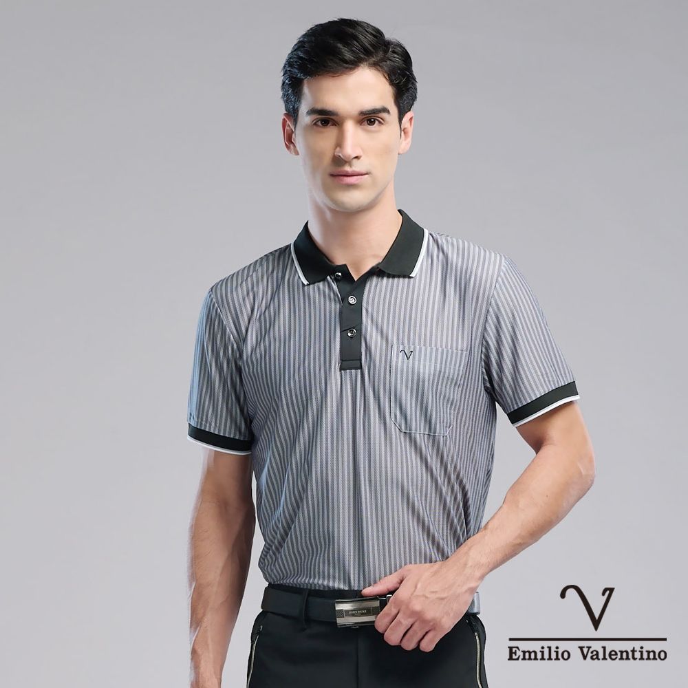Emilio Valentino 范倫鐵諾 男裝 短袖POLO衫 吸濕排汗 涼感 抗皺 機能彈力  口袋  男上衣_黑/灰(21-6V0825)