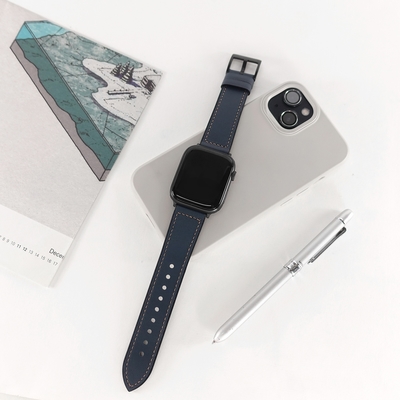 Apple Watch 全系列通用錶帶 蘋果手錶替用錶帶 黑鋼扣 外層真皮 內層橡膠錶帶-深藍色