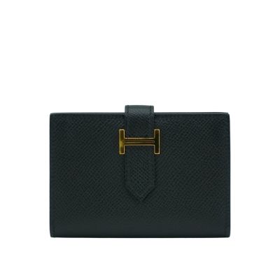 二手品 Hermes 愛馬仕 Bearn 牛皮金釦對開卡包(Z刻/黑)