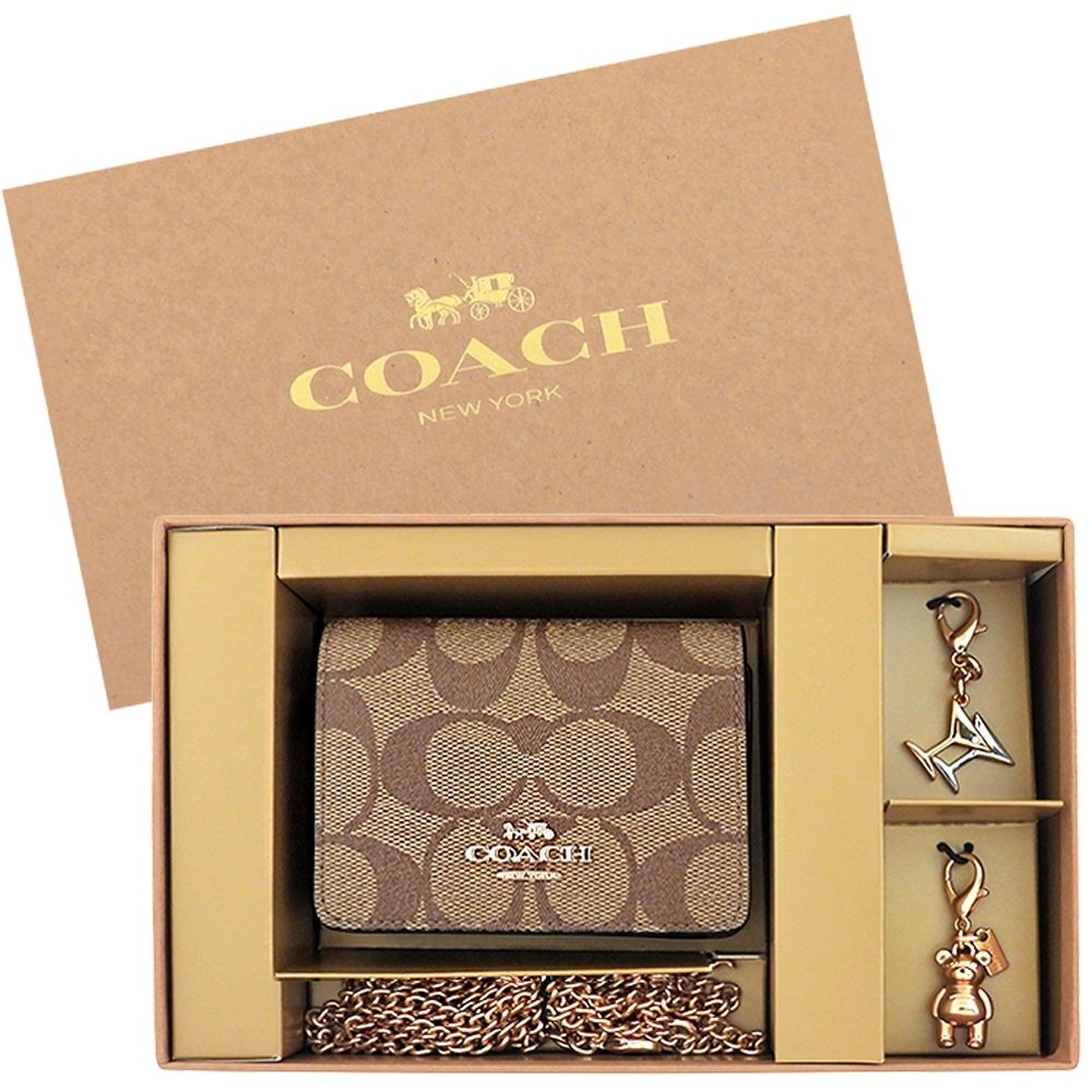 COACH 咖啡色大C PVC鍊帶小廢包/迷你斜背包+雞尾酒杯/小熊造型吊飾禮盒組