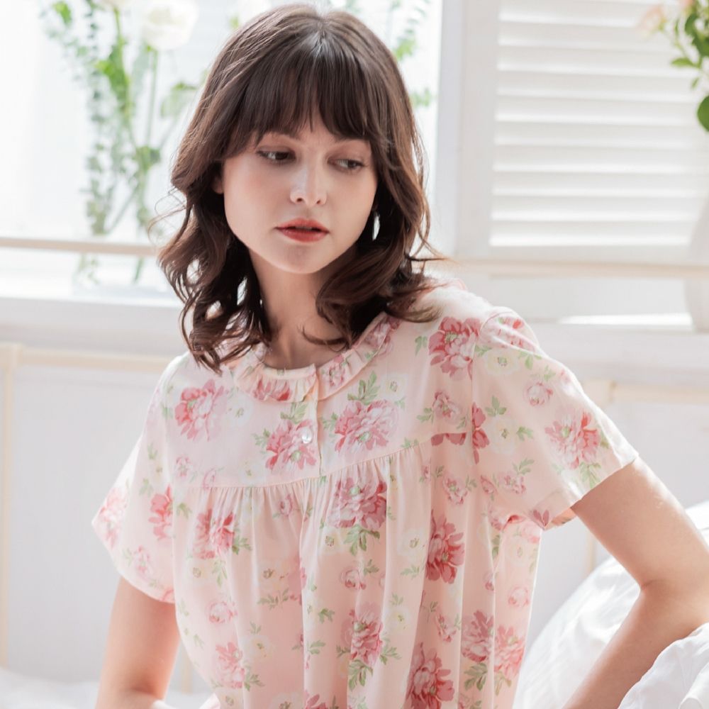 Rosemaid 羅絲美 - 優雅小花100%純棉半門襟短袖洋裝睡衣【R6106】 (優雅粉)