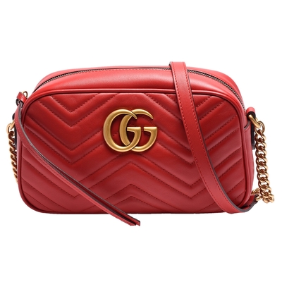 GUCCI 古馳 GG Marmont系列仿舊金色雙G LOGO牛皮山字車紋拉鍊肩背包(紅)