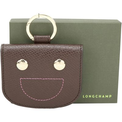 LONGCHAMP Epure 笑臉表情縫線 荔紋牛皮圓弧釦式卡片夾(摩卡色)