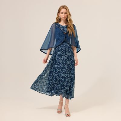 ILEY伊蕾 可拆披肩蕾絲無袖長洋裝禮服(深藍；M-2L)