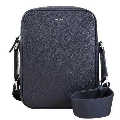 BALLY YORK POUCH 燙印LOGO荔枝牛皮拉鍊直式斜背包(深藍)