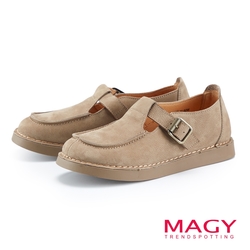 復古車線T字真皮休閒鞋