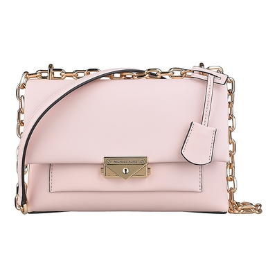 MICHAEL KORS Cece雷雕黑字LOGO滑面皮革按釦鏈帶肩背/斜背包(中/腮紅粉)