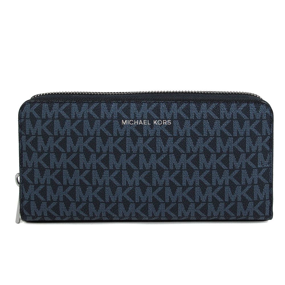 MICHAEL KORS Cooper 銀字Logo防刮滿版ㄇ型拉鍊長夾(深藍色)