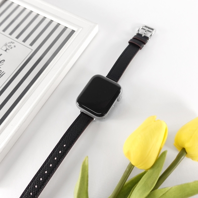Apple Watch 全系列通用錶帶 蘋果手錶替用錶帶 荔枝皮紋 同寬 真皮錶帶 黑色