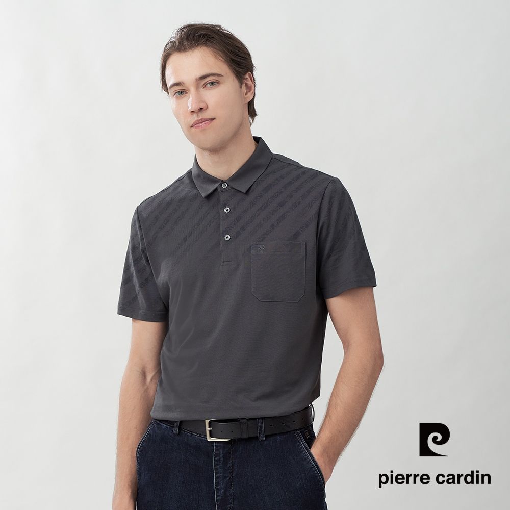 pierre cardin 皮爾卡登 休閒服飾 男款 斜格印花短袖POLO衫-深灰色(5267273-49)